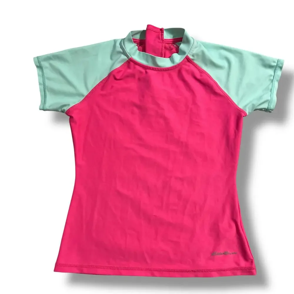 Eddie Bauer Girls Swimsuit Rashguard Top Short Sleeve Pullover Pink Green Medium